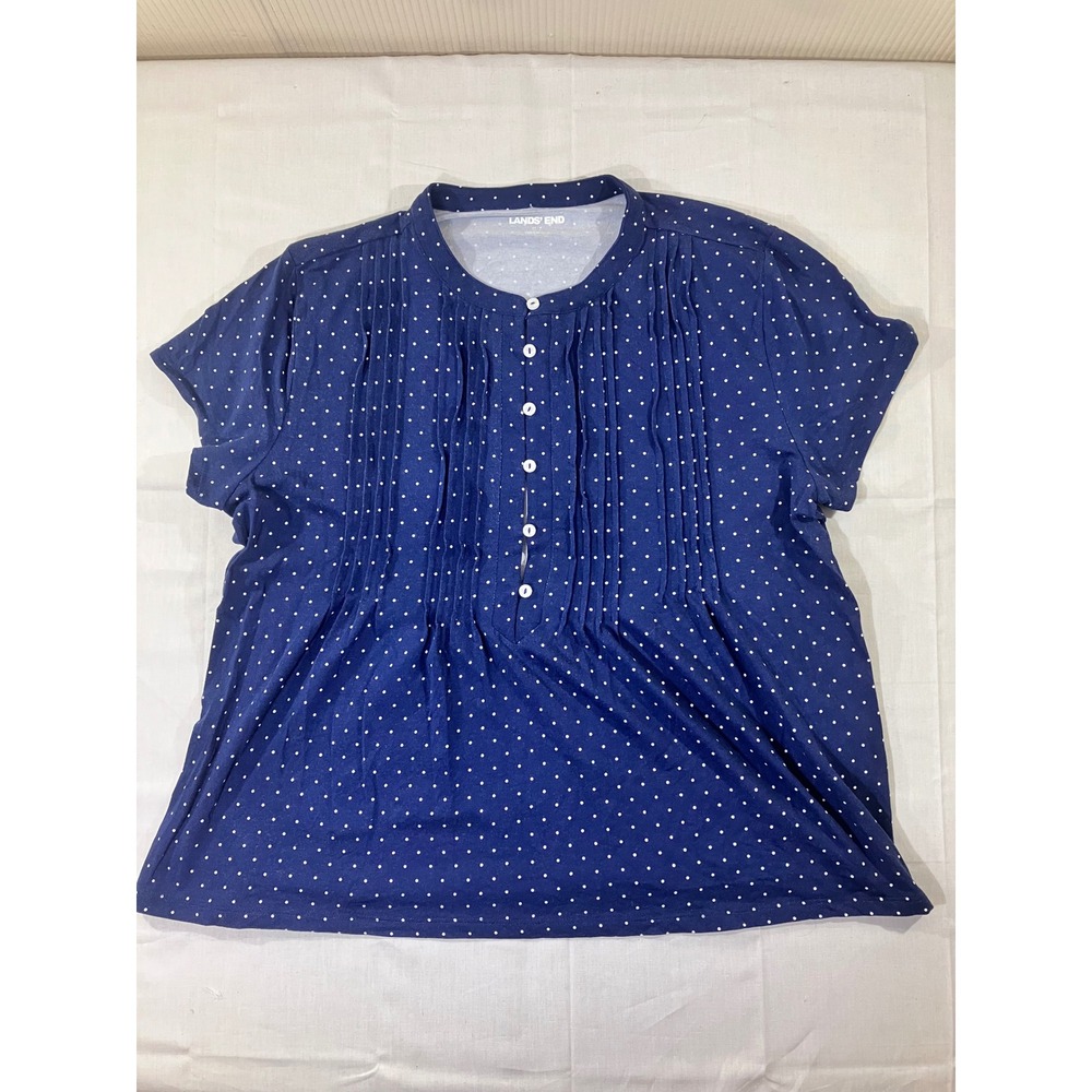 Lands' End Women's Blue Polka Dot Short Sleeve Pleated Blouse‎ Top Size M